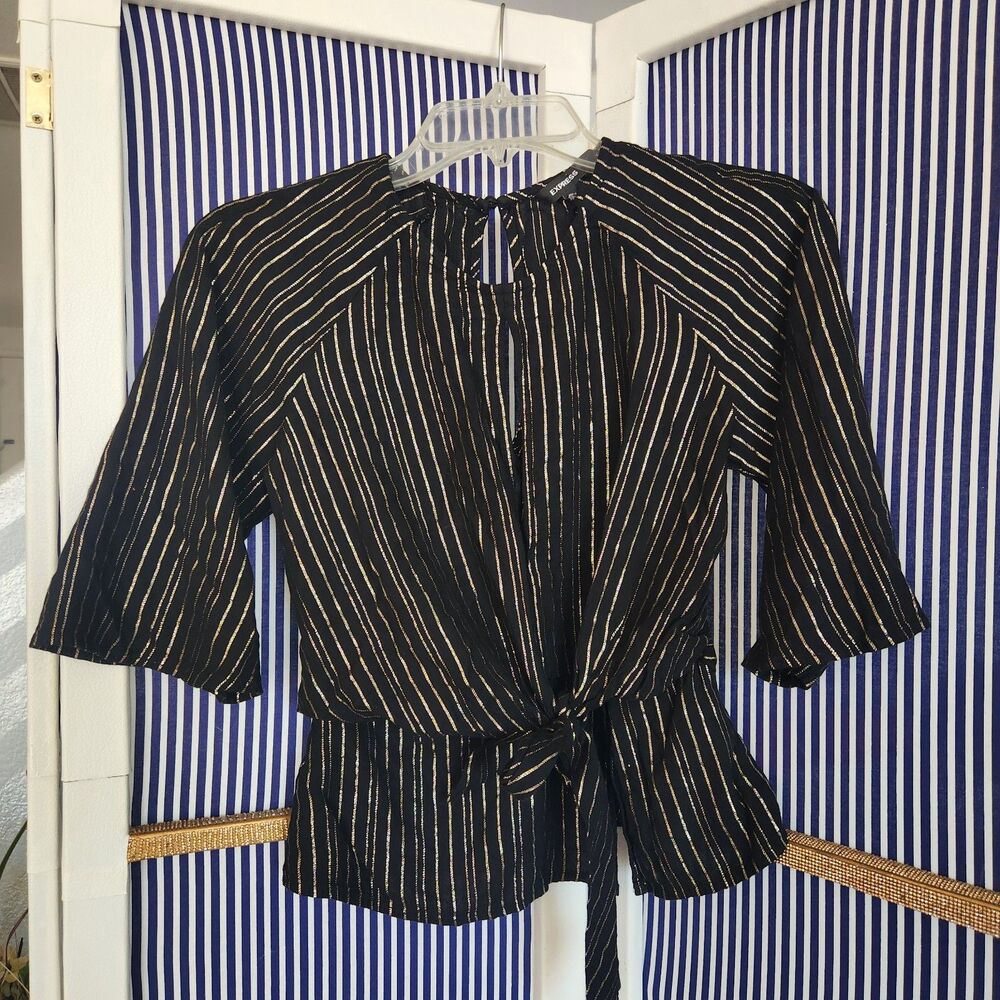Express Gold Striped ¾ Sleeve Top Size XS - Picture 5 of 10